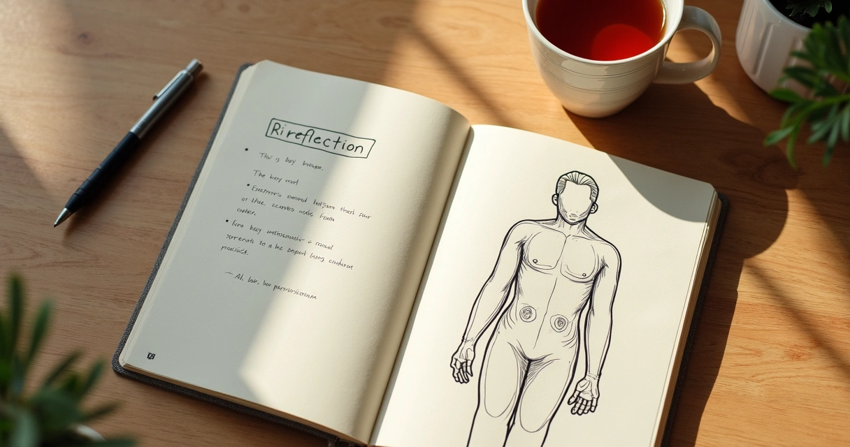 Notebook with body map and reflection notes on a desk