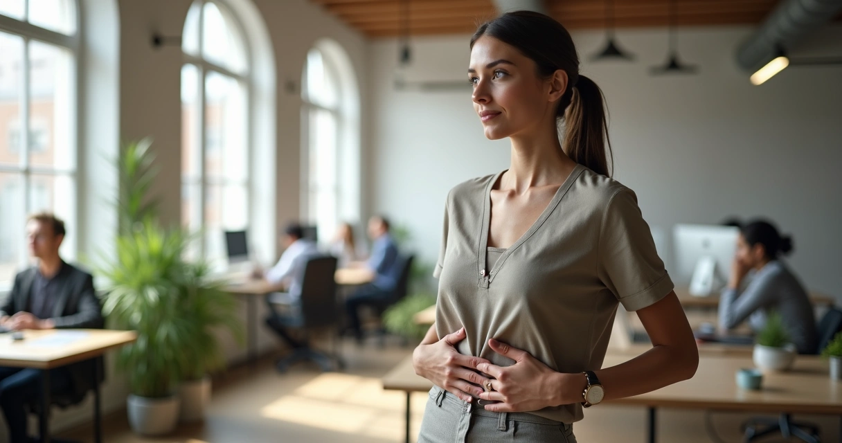 Calm professional standing in open office with soft focus on hands and body posture 