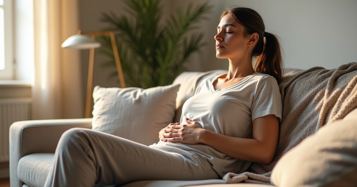 Person with hand on chest and abdomen practicing calm body awareness on a sofa 