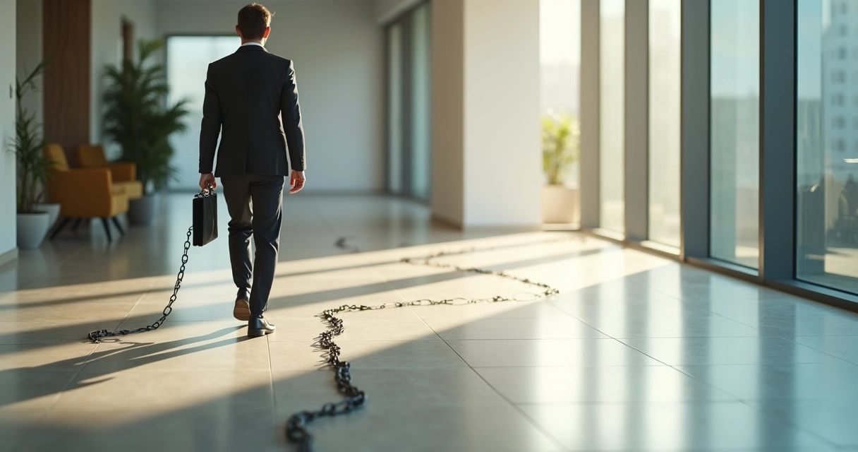 Profissional caminhando em escritório com sombra projetando correntes no chão 