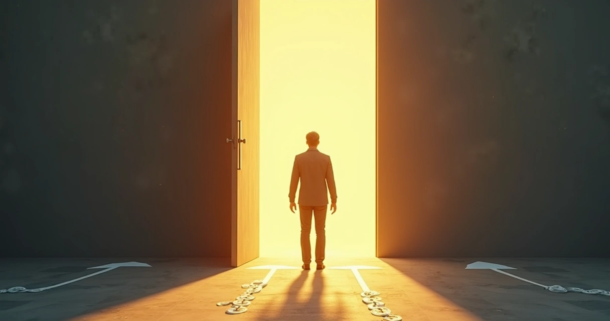 Persona ante gran puerta iluminada con su sombra cargando piedras 