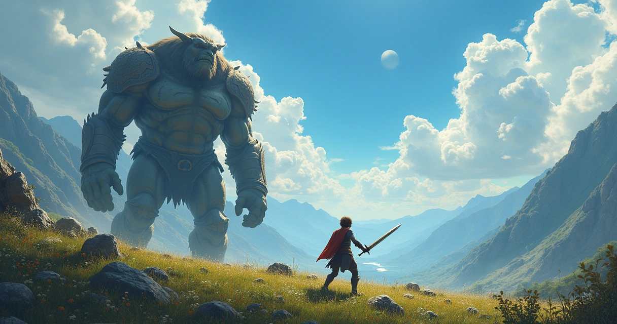 Wander enfrenta um colosso em um vasto cenário de montanhas e vales verdejantes, simbolizando aventura e desafios.