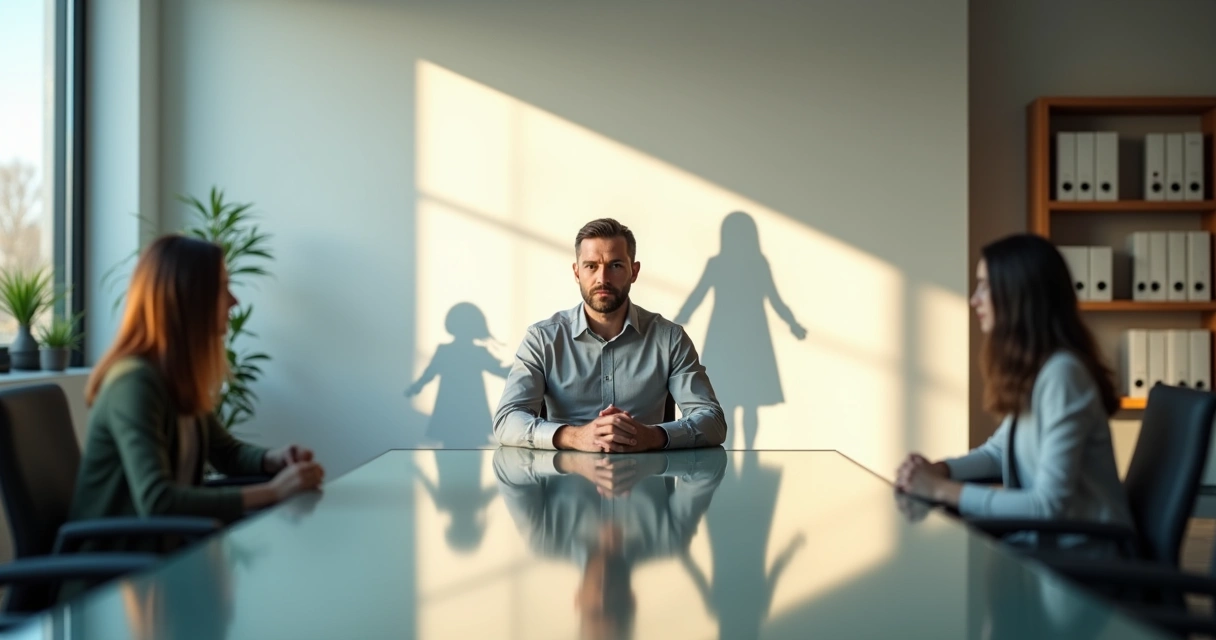 Líder sentado en reunión proyectando sombra de familia detrás 
