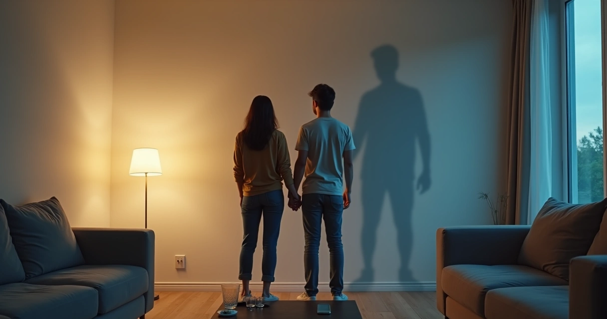 Pareja de espaldas unida observando una sombra gigante difusa en la pared 