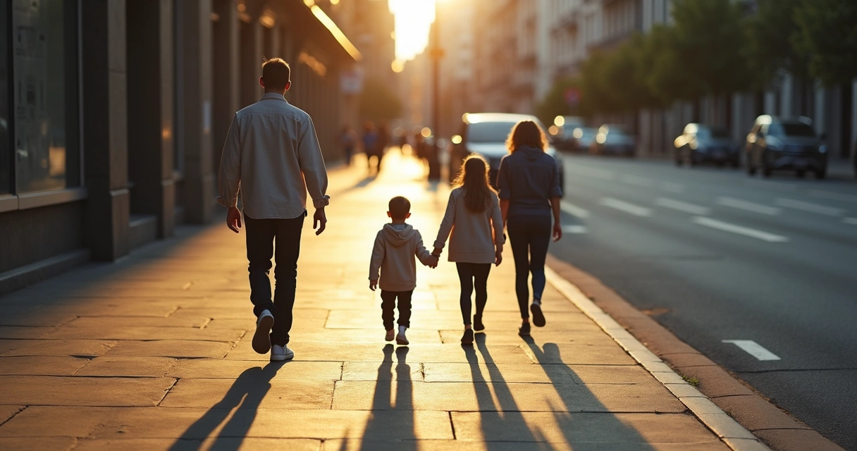 Adulto andando em calçada com sombras de várias gerações da família projetadas no chão 