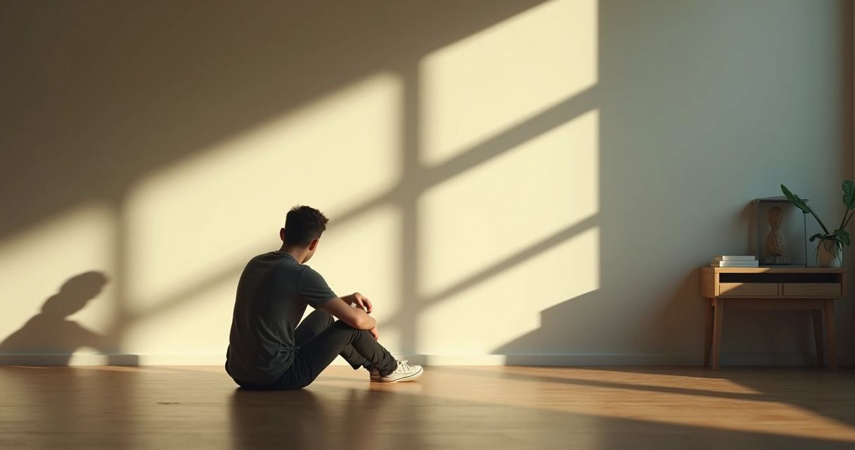 Pessoa sentada no chão refletindo, sombra projetada na parede 