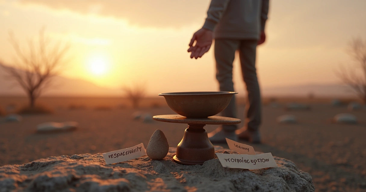 Persona dejando caer una piedra en una balanza rota al amanecer 