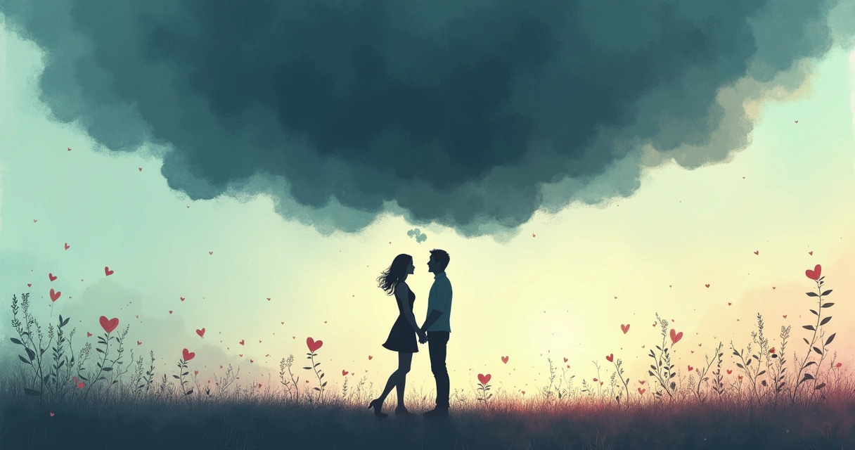 Casal sob nuvem escura simbolizando sombras nas relações, representando medos e inseguranças.