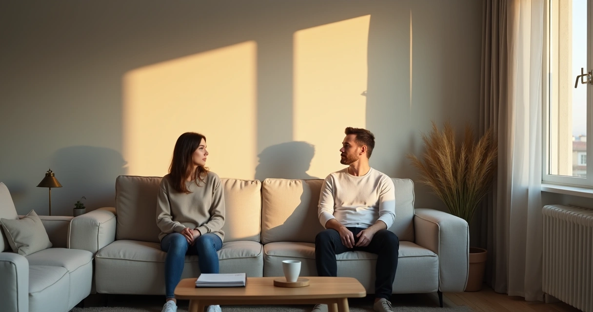 Dos personas sentadas de espaldas en una sala, con sus sombras mirándose de frente en la pared 