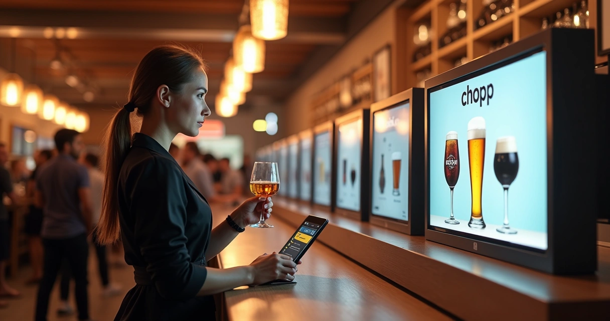 Sommelier analisando chopp em bar moderno com autoatendimento digital