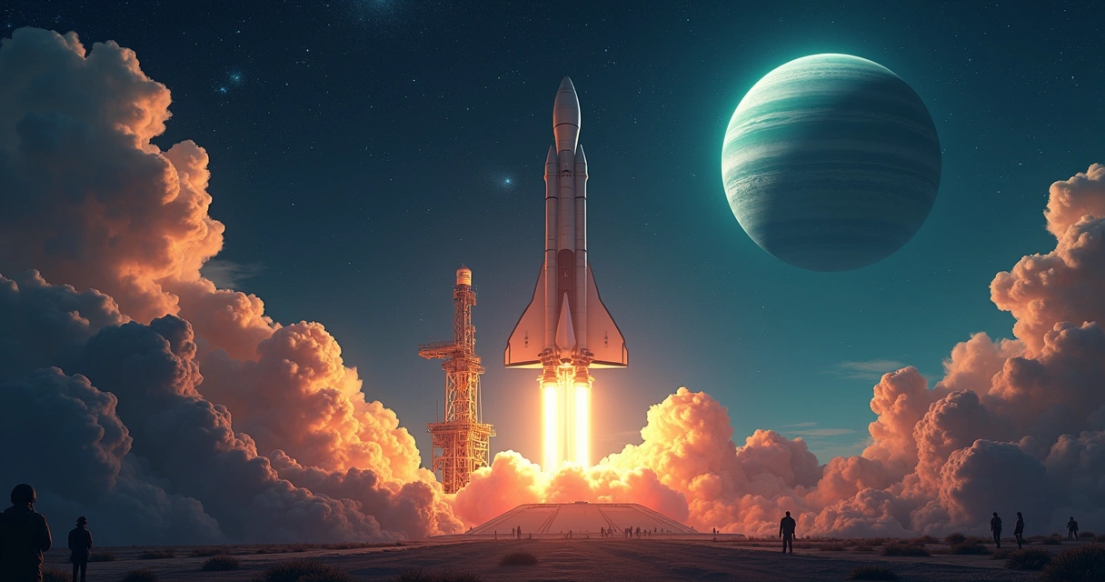 Ilustração detalhada de uma sonda sendo lançada rumo a Urano sob o céu noturno 