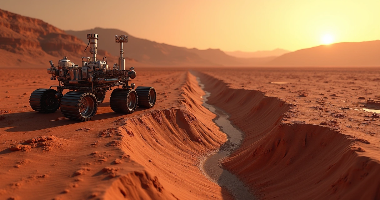 Sonda robótica investigando sedimentos marcianos perto de antigos canais 