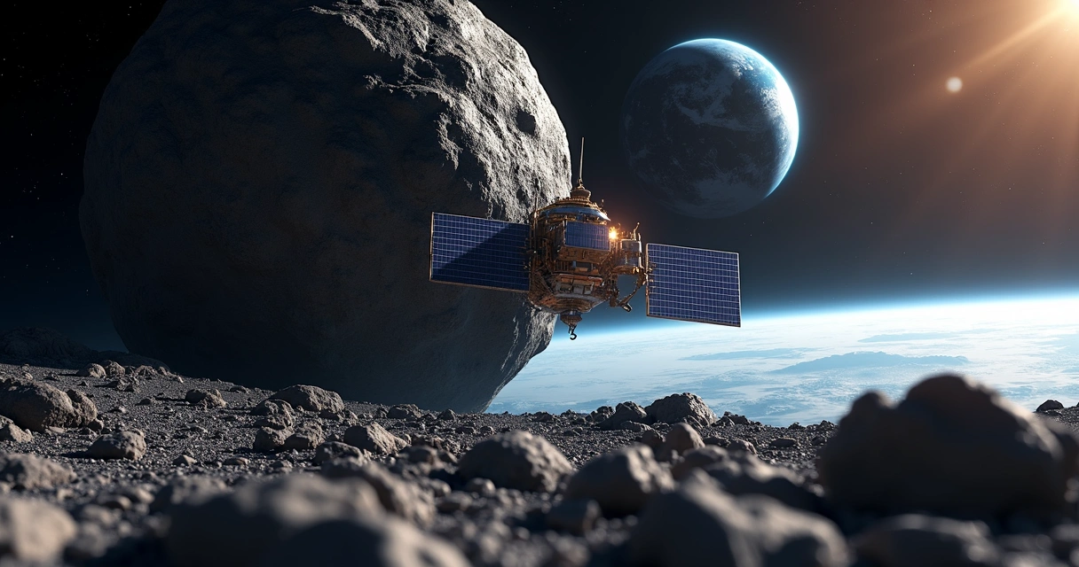 Sonda Ramses perto do asteroide Apophis com a Terra ao fundo