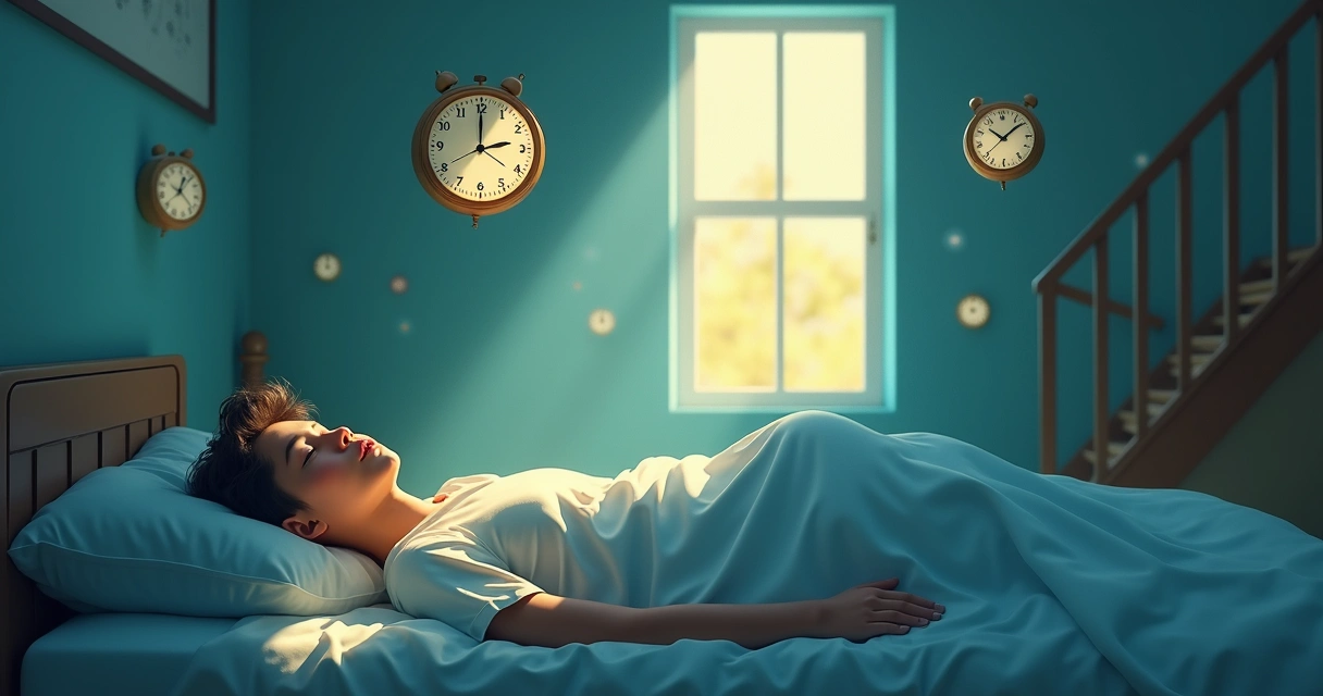 Pessoa deitada na cama envolta em luz com desenhos de sonhos ao redor 
