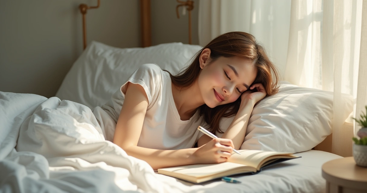 Mulher deitada na cama escrevendo em caderno de sonhos 