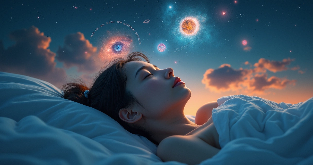 Mulher deitada sonhando sob céu estrelado com nuvens coloridas 