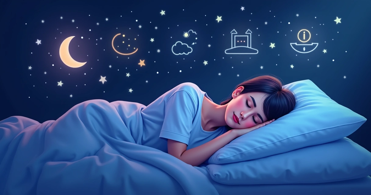 Representação artística das fases do sono vistas com uma pessoa dormindo em uma cama, em um ambiente escuro, com cores suaves e detalhes visuais das fases do sono projetados acima da cama