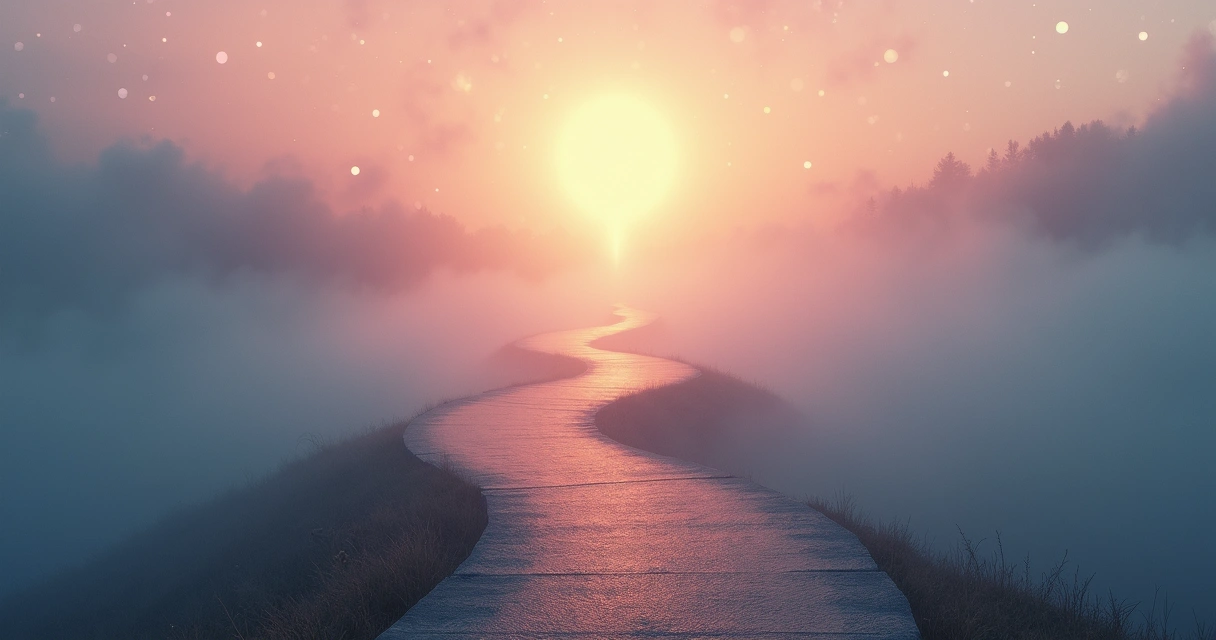 Caminho espiritual em sonhos com luz brilhante no horizonte 