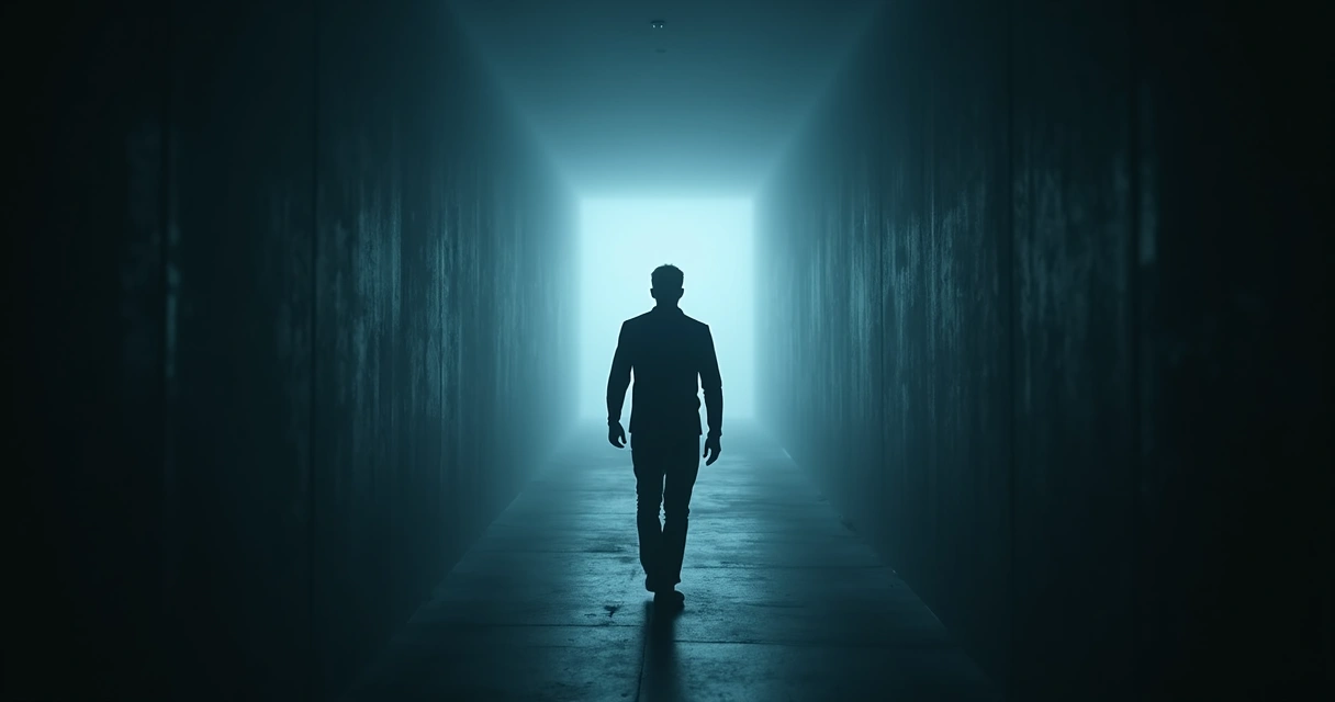 Homem caminhando sozinho em corredor escuro e desconhecido, luz suave ao fundo 