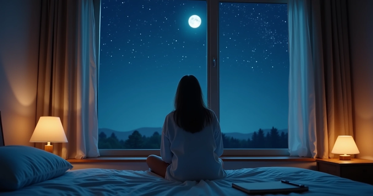 Pessoa observando céu noturno pela janela em momento de reflexão 