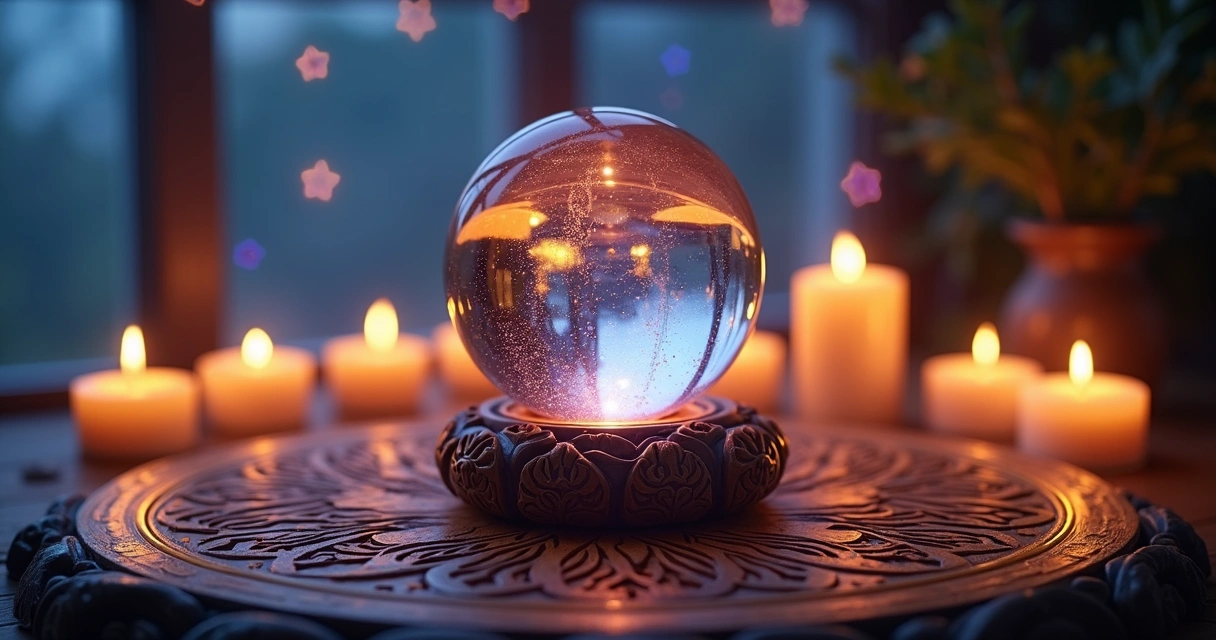 Bola de cristal brilhante em uma mesa com velas e símbolos místicos ao redor 