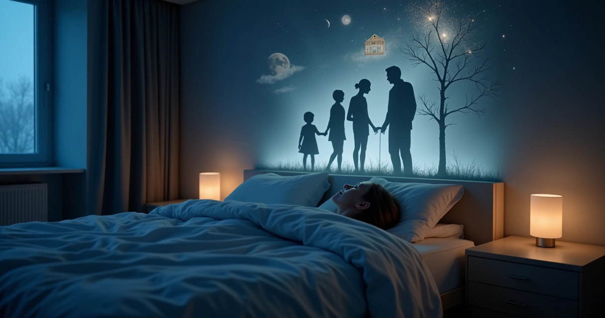 Pessoa dormindo com silhuetas de gerações na cabeceira da cama 