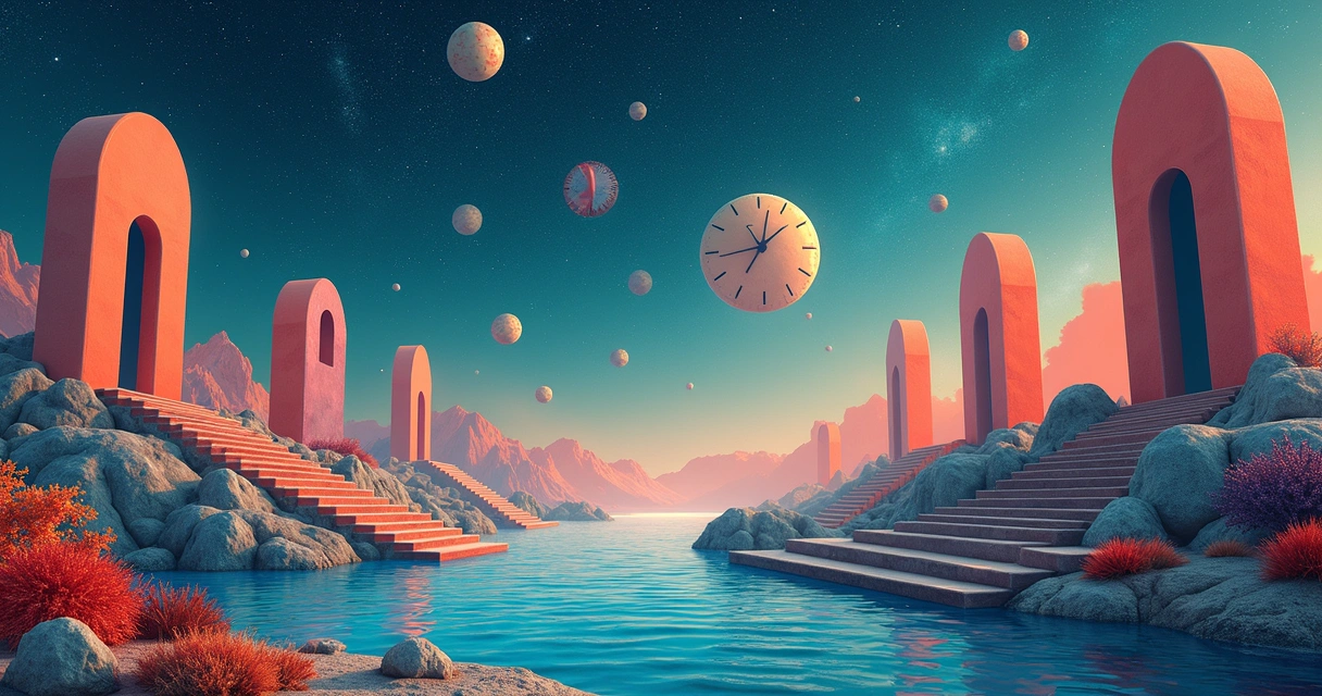 Símbolos de sonho, como água, escadas e portas, em cena surreal colorida 