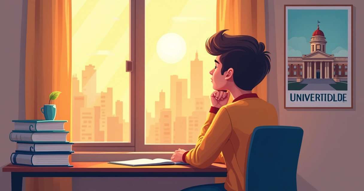 Jovem olhando para janela com livros empilhados ao lado e pôster de universidade na parede. 