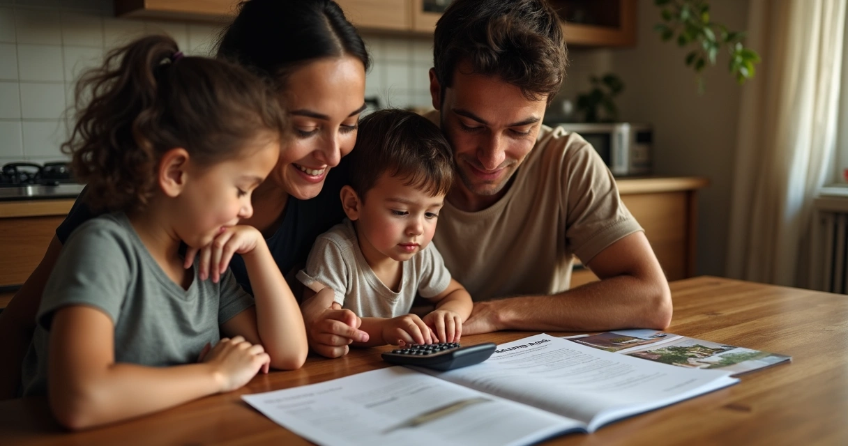 Casal com filhos revisando planos financeiros juntos na mesa 