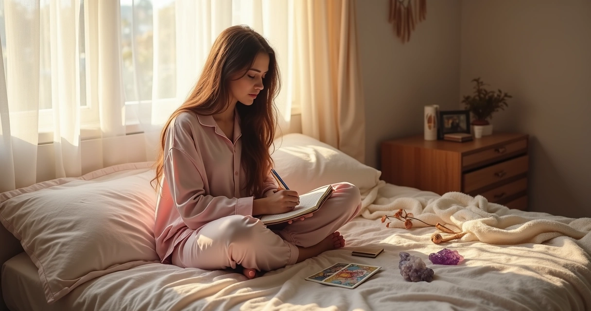 Mulher jovem escrevendo em caderno em cima da cama, objetos esotéricos por perto 