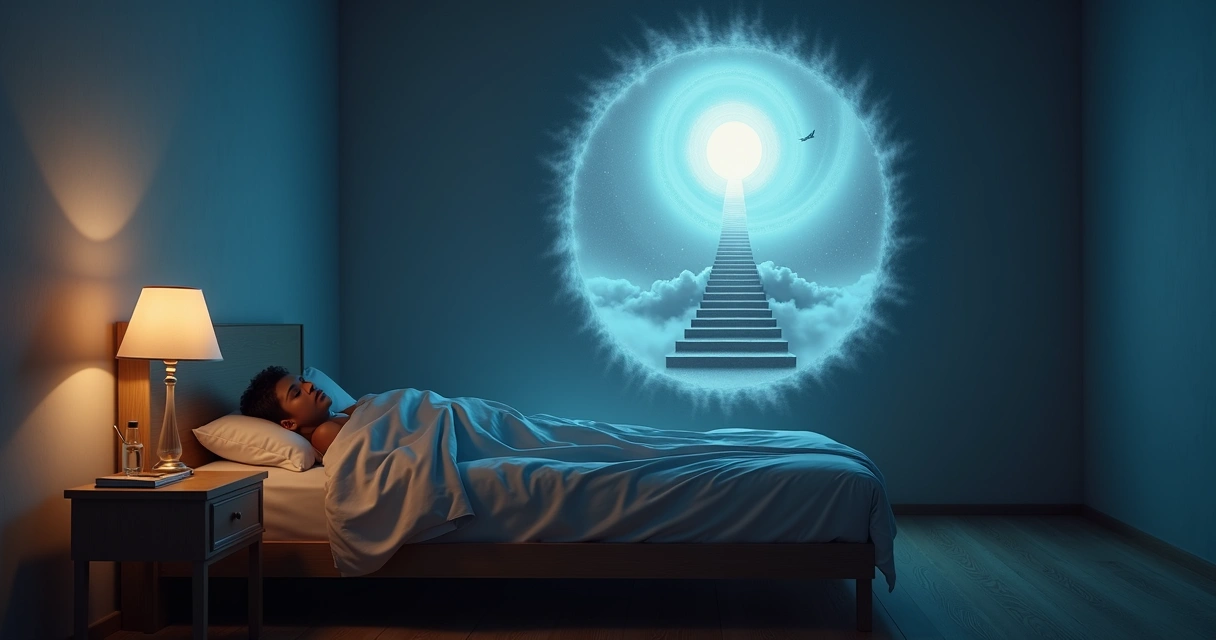 Pessoa dormindo em cama simples enquanto portal luminoso de sonhos se abre acima dela 