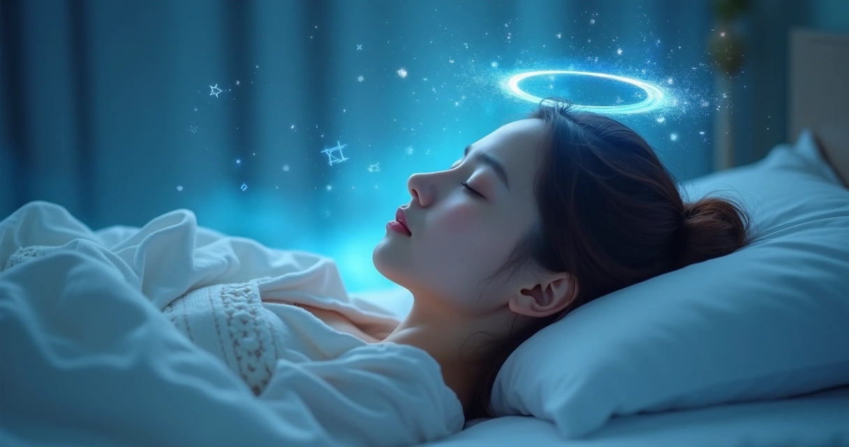 Mulher serena dormindo com leve luz azul e símbolos espirituais ao redor 