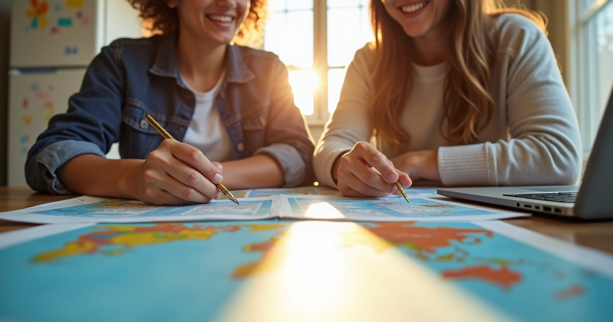Casal planejando sonhos financeiros em mesa com laptop e mapa 