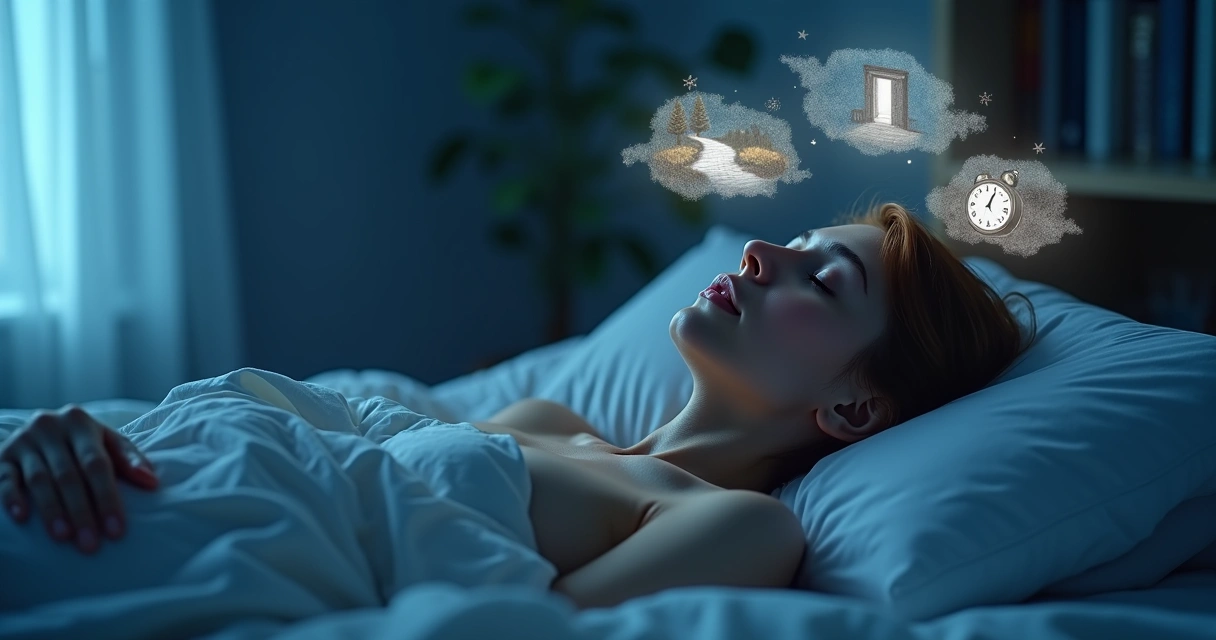 Pessoa deitada em cama escura com símbolos de sonhos flutuando em volta da cabeça 