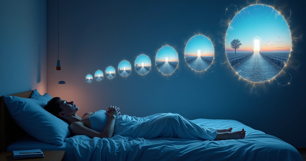 Pessoa deitada em cama vendo paisagem onírica se repetir em espelhos flutuantes 