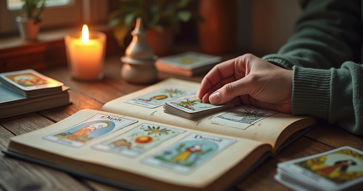 Mesa com cartas de tarot e diário aberto ao lado 