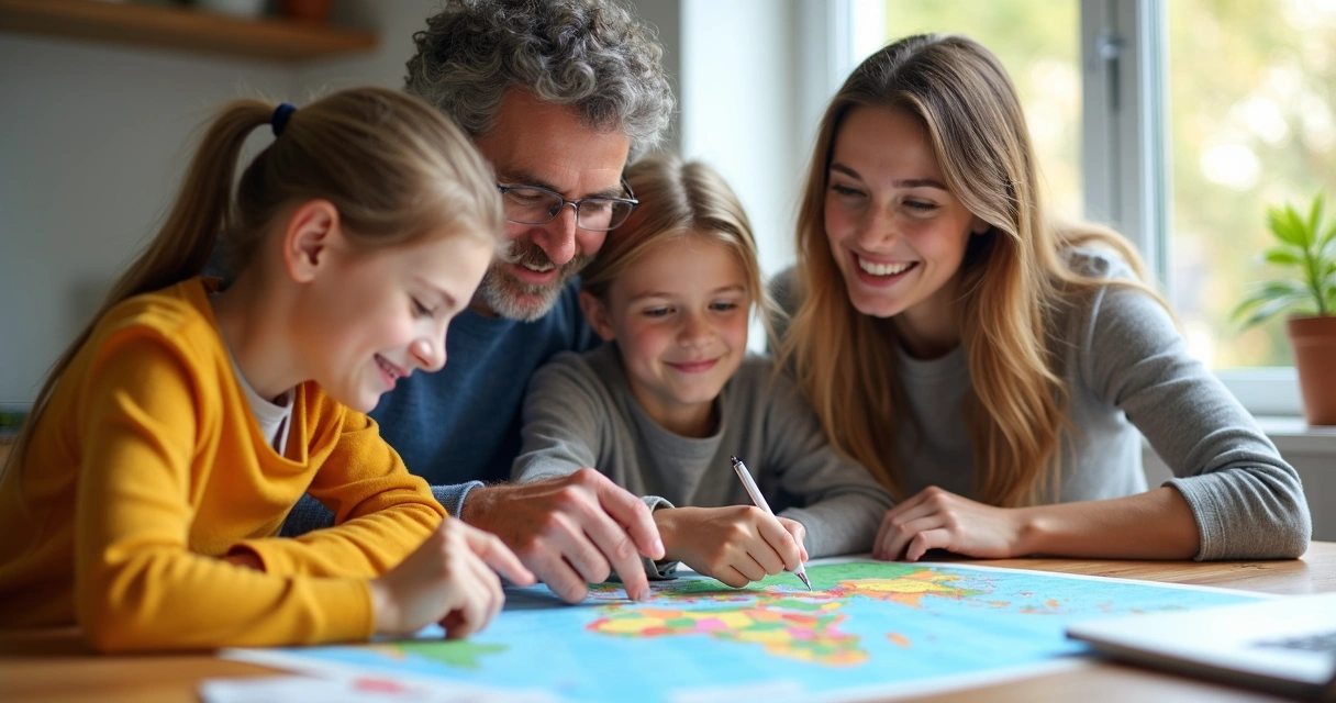 Família organizando dinheiro com mapa em cima da mesa sonhando com viagem