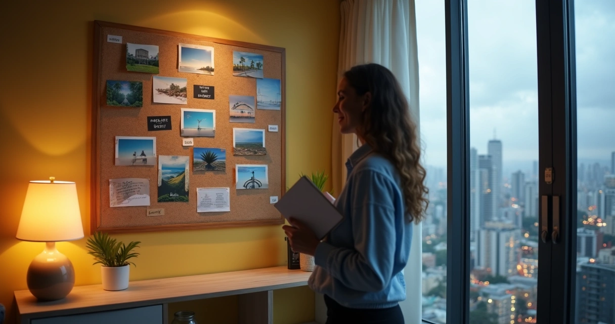 Pessoa observa quadro de sonhos colorido com cidade ao fundo em dia nublado 