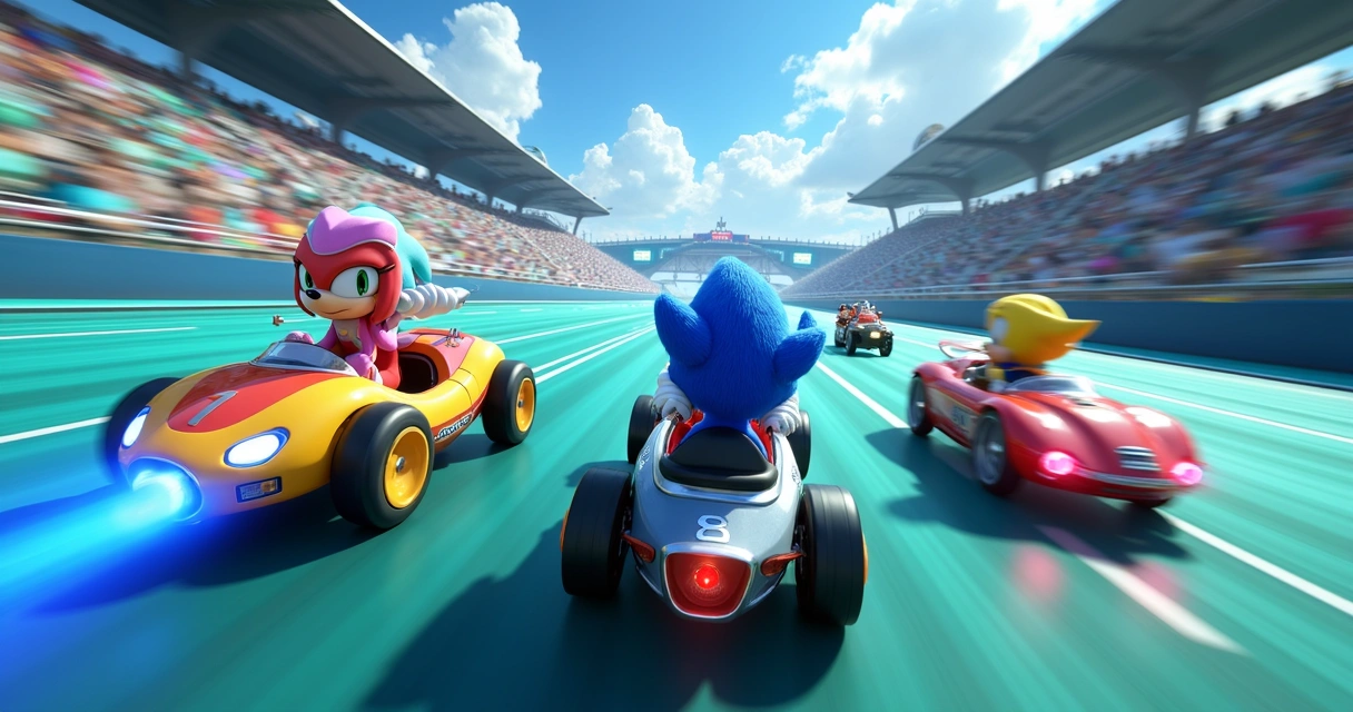 Gameplay animado de Sonic Racing CrossWorlds com carros vibrantes e torcida no fundo, efeito de velocidade intenso 