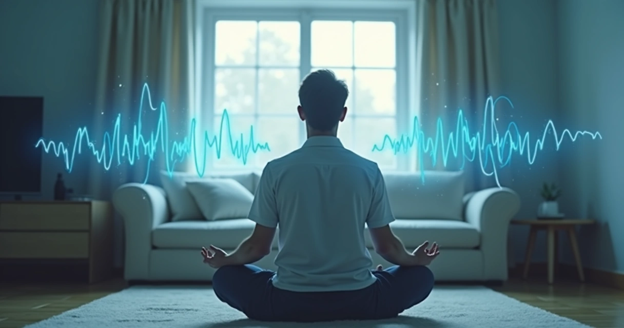 Persona sentada en posición relajada escuchando sonidos con los ojos cerrados 