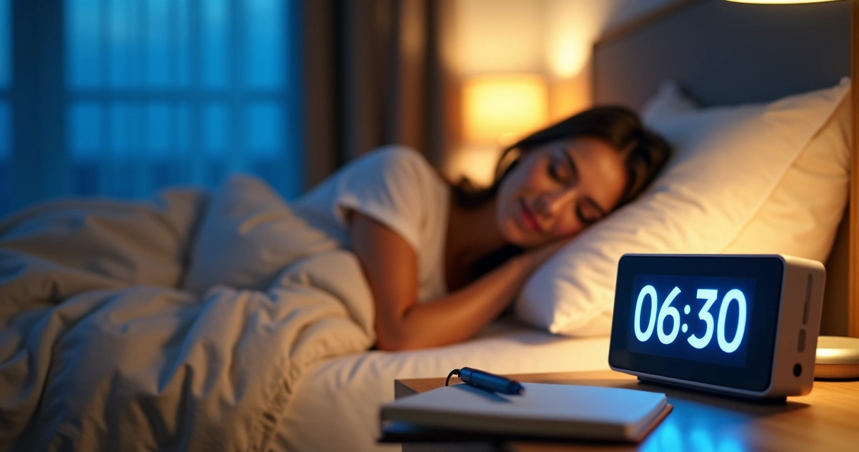 Mulher deitada na cama ao lado de um relógio despertador luminoso 