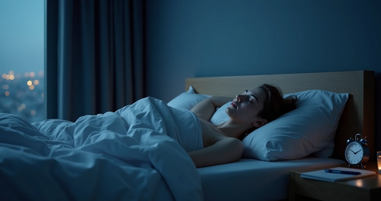 Pessoa dormindo serenamente em quarto escuro com luz suave azul e elementos sutis de ondas cerebrais ao fundo 