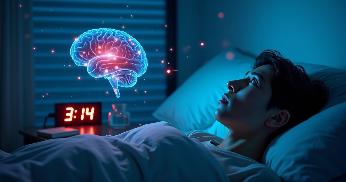 Cérebro humano iluminado ao lado de pessoa deitada acordada na cama 