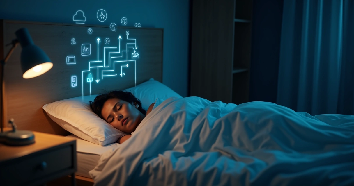 Pessoa deitada na cama à noite com a mente projetando caminhos de decisões claros 