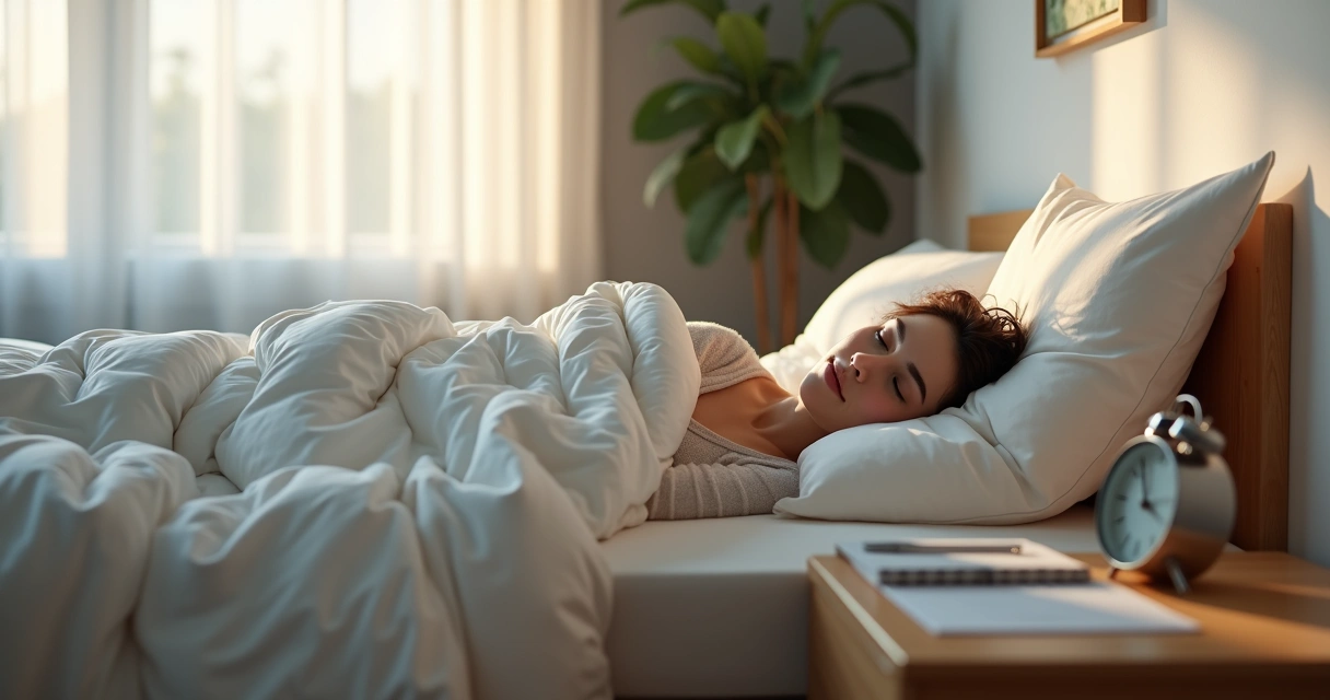 Pessoa dormindo em quarto escuro com luz suave da manhã entrando pela janela 