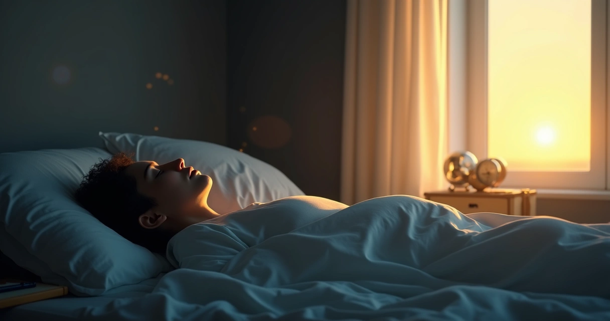 Pessoa dormindo em quarto escuro com luz suave do amanhecer entrando pela janela 