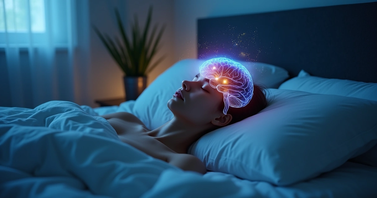 Pessoa dormindo enquanto cérebro iluminado reflete emoções e consciência 