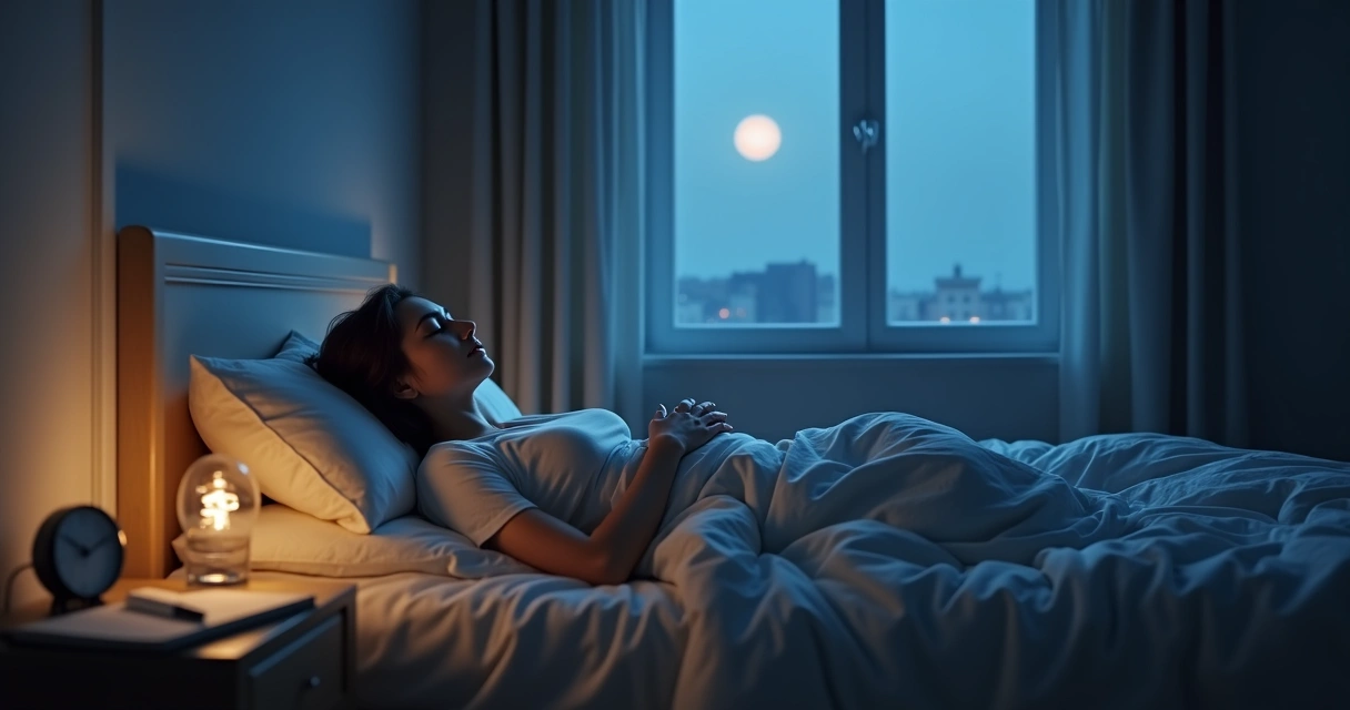 Pessoa deitada em cama escura com luz suave meditando antes de dormir 