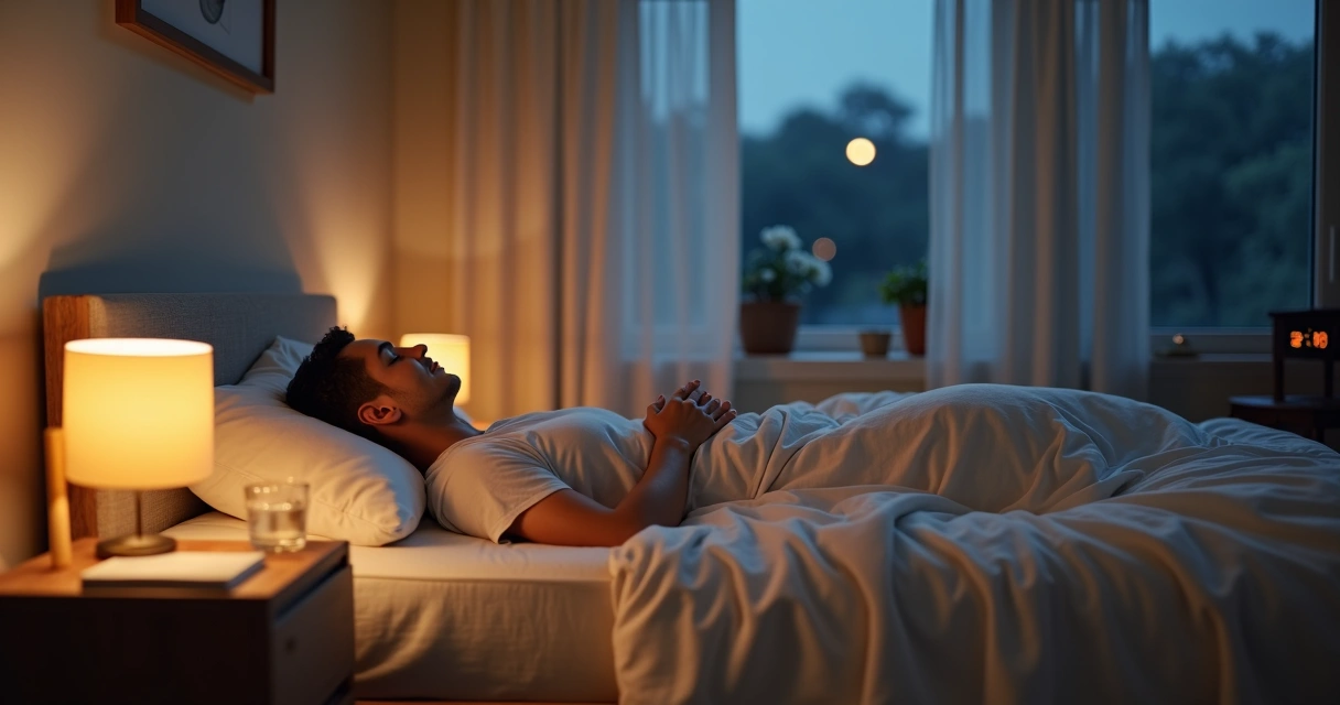 Pessoa deitada em cama arrumada praticando respiração consciente à noite 