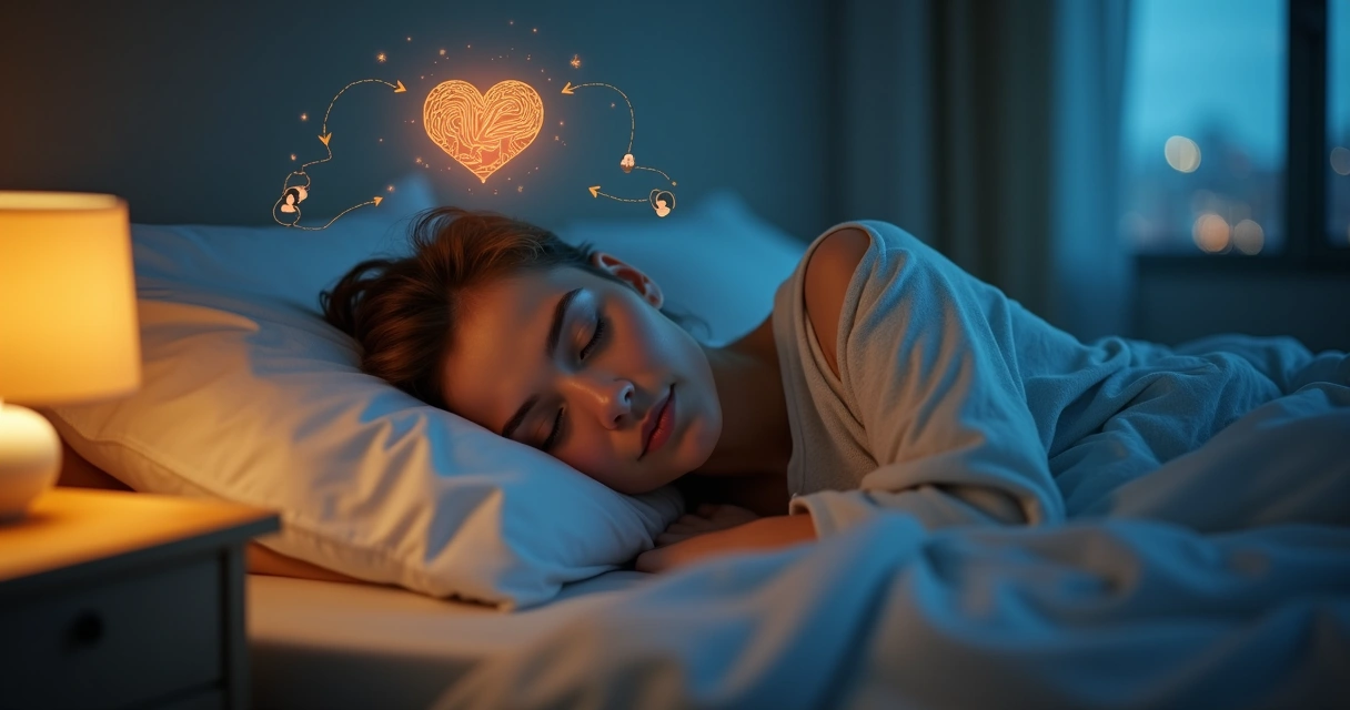 Pessoa dormindo com luz suave e conexão entre cérebro e coração 